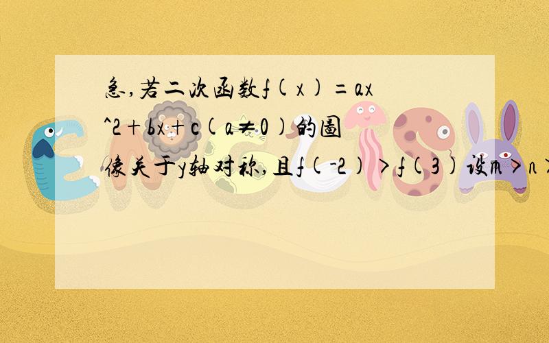 急,若二次函数f(x)=ax^2+bx+c(a≠0)的图像关于y轴对称,且f(-2)>f(3)设m>n>0,试比较f(m)和f(n)的大小并说明理由