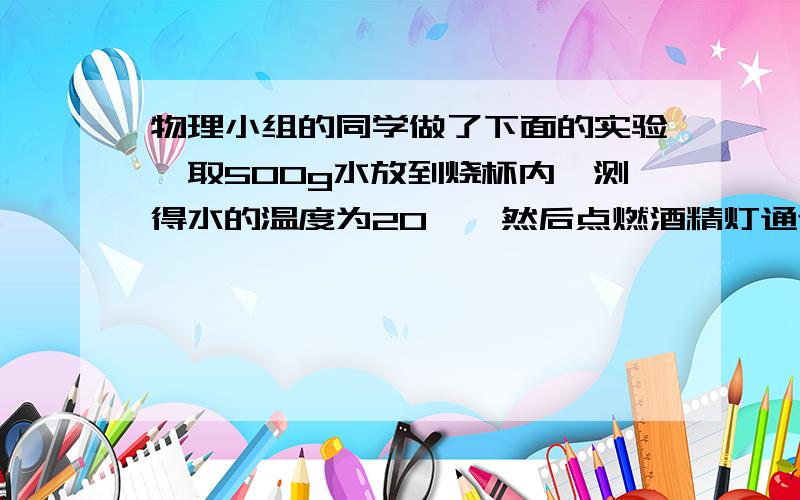 物理小组的同学做了下面的实验,取500g水放到烧杯内,测得水的温度为20℃,然后点燃酒精灯通过石棉网给烧杯里的小加热,并将温度计插在水中观察水温变化,当温度的示数为70℃时,烧掉了10g的