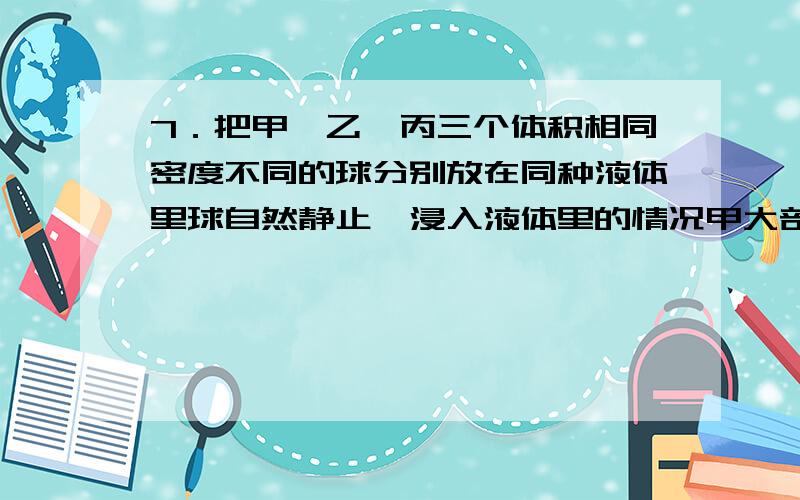 7．把甲、乙、丙三个体积相同密度不同的球分别放在同种液体里球自然静止,浸入液体里的情况甲大部分浸入,乙一半浸入,丙小部分浸入,若将它们露出液面的部分切去,试分析三球剩余部分露