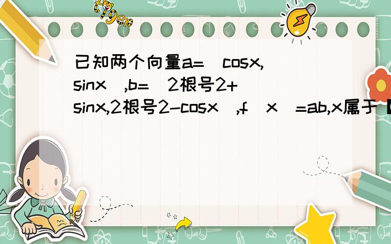 已知两个向量a=(cosx,sinx),b=(2根号2+sinx,2根号2-cosx),f（x）=ab,x属于【0,π】1）求f（x）的值域（2）若ab=1,求cos（x+7π/12）