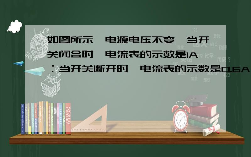 如图所示,电源电压不变,当开关闭合时,电流表的示数是1A；当开关断开时,电流表的示数是0.6A,则电阻R1与R2的阻值之比是