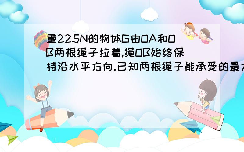 重225N的物体G由OA和OB两根绳子拉着,绳OB始终保持沿水平方向.已知两根绳子能承受的最大拉力均为150根号3N,为了保持绳子不被拉断,绳OA与竖直方向的夹角α的最大值应为多少请回答者带上受力