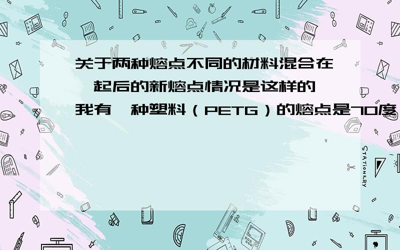 关于两种熔点不同的材料混合在一起后的新熔点情况是这样的,我有一种塑料（PETG）的熔点是70度,我想提升他的熔点,所以就往其中加入另一种高熔点的塑料(PC--聚碳酸酯,熔点是220度),想让混