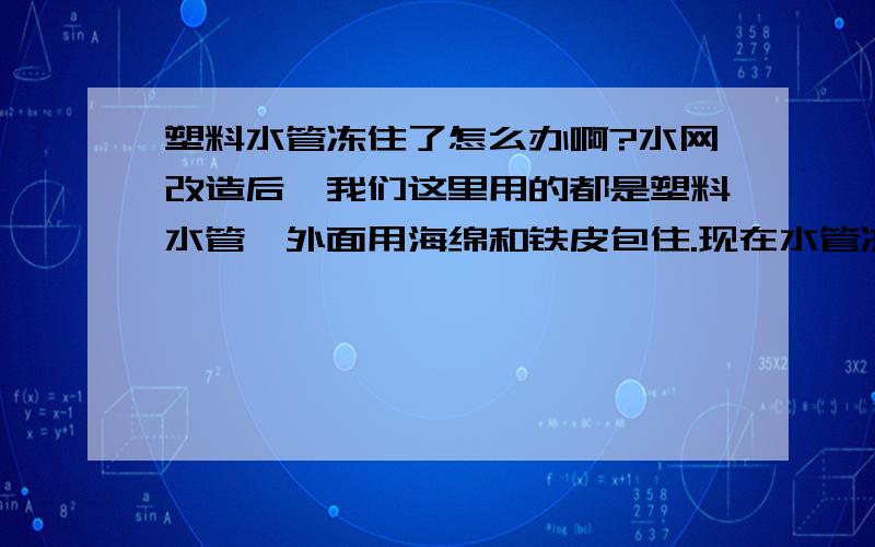 塑料水管冻住了怎么办啊?水网改造后,我们这里用的都是塑料水管,外面用海绵和铁皮包住.现在水管冻了,冻得很深.楼下总的那个没冻,属于分出来的管子冻了.现在不能把外面包的铁皮和海绵