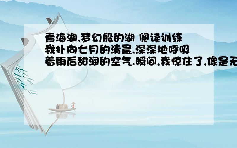 青海湖,梦幻般的湖 阅读训练我扑向七月的清晨,深深地呼吸着雨后甜润的空气.瞬间,我惊住了,像是无意中扑进了一幅巨大的画卷,失去了中心和方向.我的眼前,一片镶着露珠的绿茵茵的草滩,草