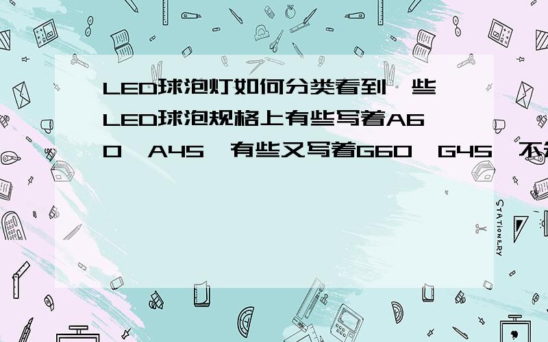 LED球泡灯如何分类看到一些LED球泡规格上有些写着A60、A45,有些又写着G60、G45,不知道除了表示最大直径一样外,A和G的意思有什么区别吗?另外,整个LED球泡这种下面如何分类,只是按最大直径还