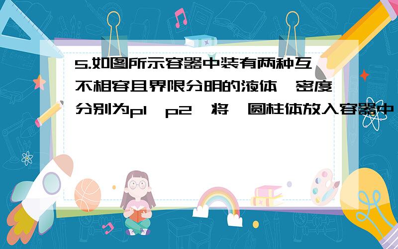 5.如图所示容器中装有两种互不相容且界限分明的液体,密度分别为p1,p2,将一圆柱体放入容器中,圆柱体的密度为p3.静止时圆柱体的上表面到分界线的距离为L1,如图一所示,将第一个圆柱体取出,