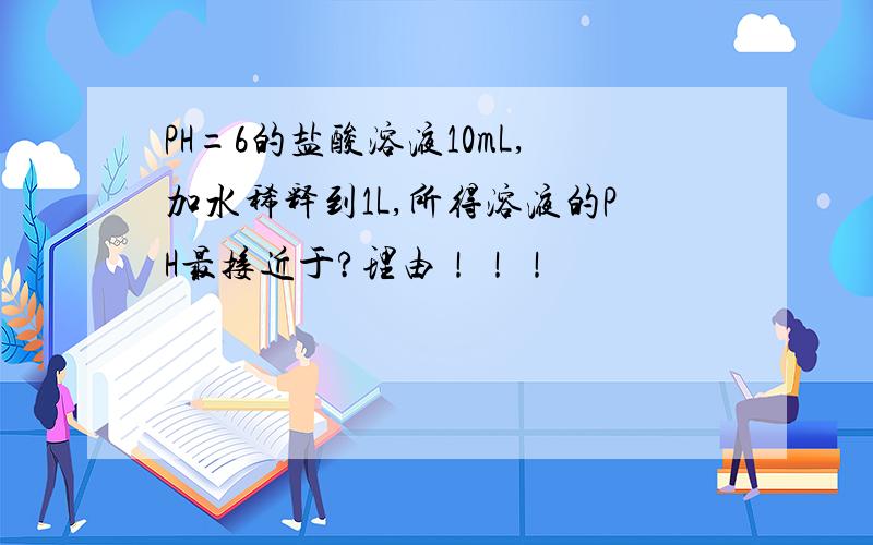 PH=6的盐酸溶液10mL,加水稀释到1L,所得溶液的PH最接近于?理由！！！