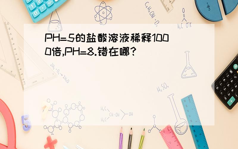 PH=5的盐酸溶液稀释1000倍,PH=8.错在哪?