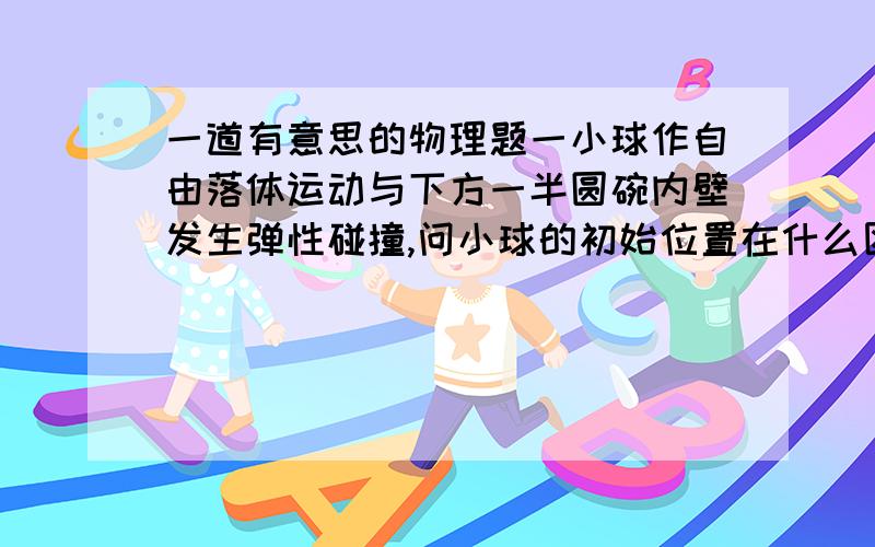 一道有意思的物理题一小球作自由落体运动与下方一半圆碗内壁发生弹性碰撞,问小球的初始位置在什么区域内,小球能够弹出碗外?一个小球在半圆形碗上某处下落，与碗壁弹性碰撞后继续运