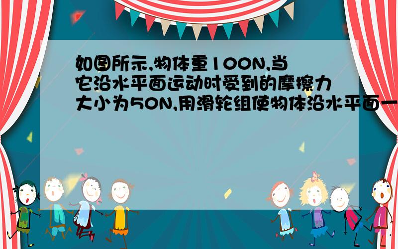 如图所示,物体重100N,当它沿水平面运动时受到的摩擦力大小为50N,用滑轮组使物体沿水平面一0.2m/s的速度匀速运动20s.若绳重,滑轮重及滑轮轴的摩擦均可忽略,则水平拉力F的大小为_______,拉力做