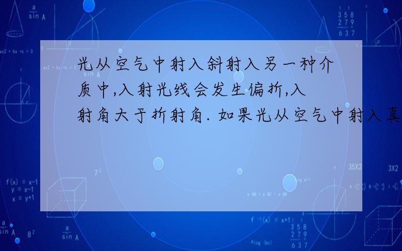 光从空气中射入斜射入另一种介质中,入射光线会发生偏折,入射角大于折射角. 如果光从空气中射入真空中,入射角是不是会小于折射角.入射角和折射角的关系和介质的密度有没有关系?（请详