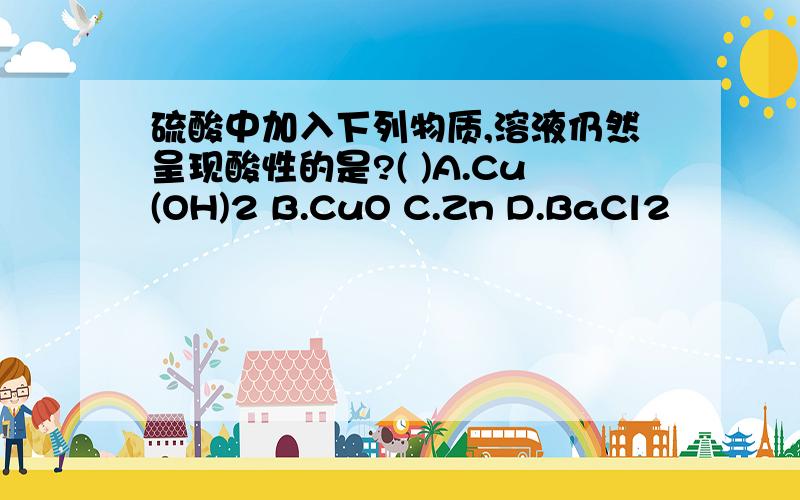 硫酸中加入下列物质,溶液仍然呈现酸性的是?( )A.Cu(OH)2 B.CuO C.Zn D.BaCl2