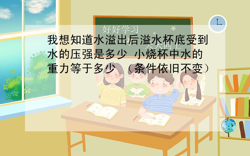 我想知道水溢出后溢水杯底受到水的压强是多少 小烧杯中水的重力等于多少 （条件依旧不变）