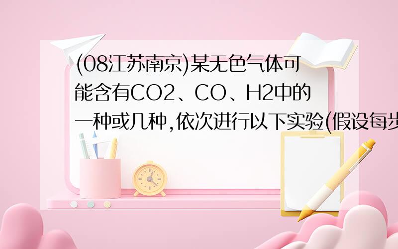 (08江苏南京)某无色气体可能含有CO2、CO、H2中的一种或几种,依次进行以下实验(假设每步反应均完全进行)；①通过赤热的炭层后,恢复到原状态,气体体积不变；②通过灼热的CuO时,固体变成红