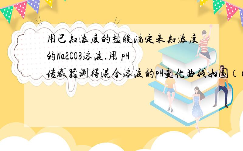 用已知浓度的盐酸滴定未知浓度的Na2CO3溶液．用 pH传感器测得混合溶液的pH变化曲线如图（已知饱和CO2溶液pH为5.6）图象为什么会是这样的?请帮我一段一段图象分析变化过程.什么时候不考虑