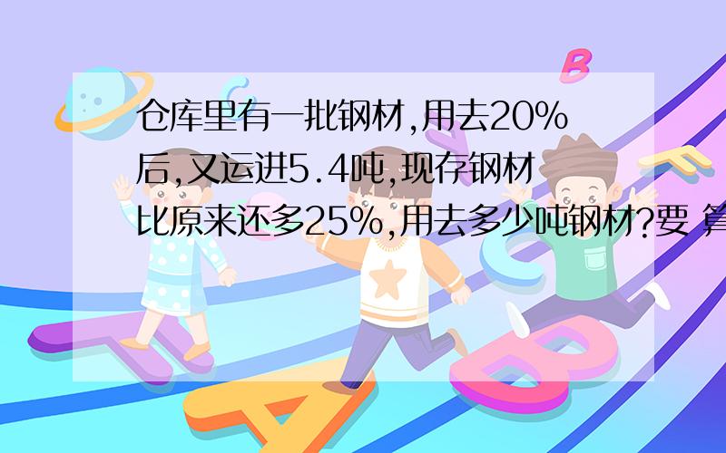 仓库里有一批钢材,用去20%后,又运进5.4吨,现存钢材比原来还多25%,用去多少吨钢材?要 算式和一元一次方程