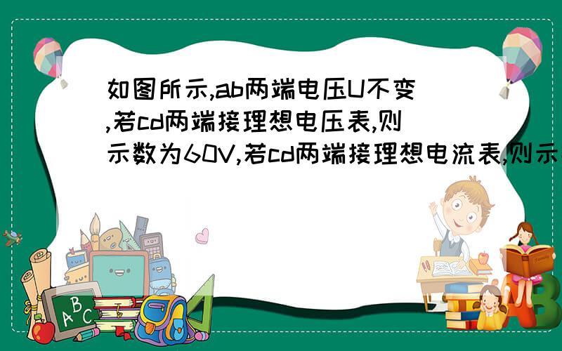 如图所示,ab两端电压U不变,若cd两端接理想电压表,则示数为60V,若cd两端接理想电流表,则示数为3A,若cd两端接电阻R3,则R1、R2、R3上消耗的电功率相等.电阻R1、R2、R3的阻值分别为多少?a、b两端的