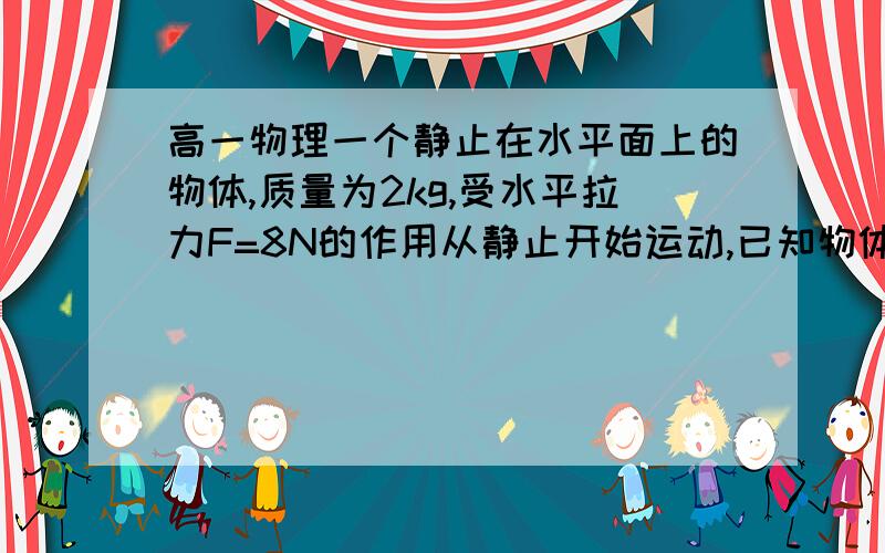 高一物理一个静止在水平面上的物体,质量为2kg,受水平拉力F=8N的作用从静止开始运动,已知物体与水平地面的摩擦因素u=0.2,g取10m/s平方.求：物体在33s末的速度和物体在4s内的位移