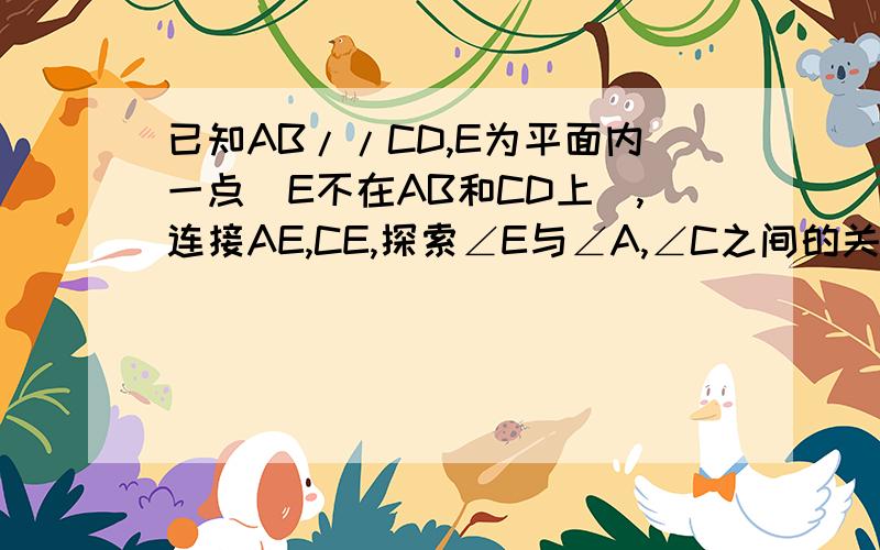 已知AB//CD,E为平面内一点（E不在AB和CD上）,连接AE,CE,探索∠E与∠A,∠C之间的关系情况1：E在AB与CD之间且向内凹,请写出∠E与∠A,∠C之间的关系.情况2：E在AB与CD之间且向外凸,请写出∠E与∠A,∠