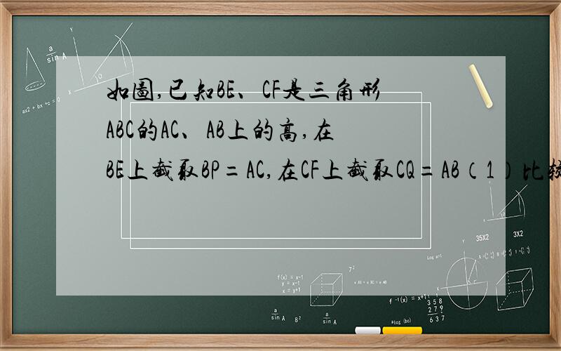 如图,已知BE、CF是三角形ABC的AC、AB上的高,在BE上截取BP=AC,在CF上截取CQ=AB（1）比较AQ与QP的大小,并说明理由（2）判定AQ与QO有何种特殊位置关系,并说明理由