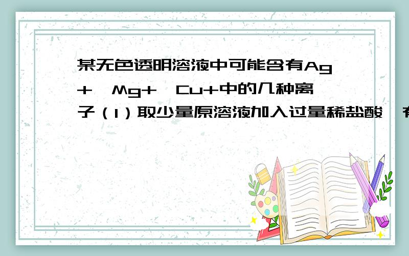 某无色透明溶液中可能含有Ag+,Mg+,Cu+中的几种离子（1）取少量原溶液加入过量稀盐酸,有白色沉淀,再加入过量稀硝酸,白色沉淀不消失,说明溶液中肯定有的离子是 ,有关离子方程式 （2）取（1