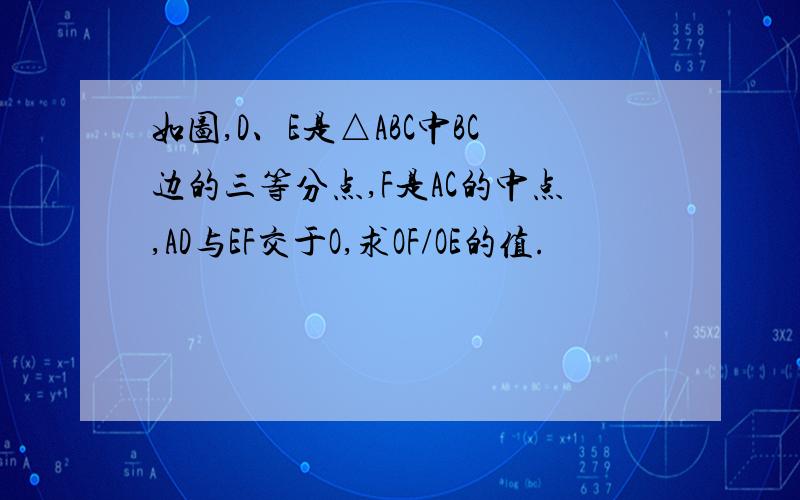 如图,D、E是△ABC中BC边的三等分点,F是AC的中点,AD与EF交于O,求OF/OE的值.