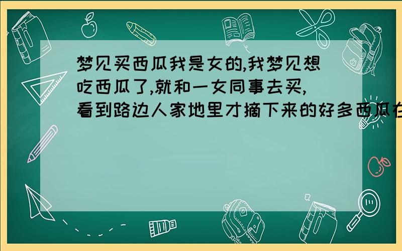 梦见买西瓜我是女的,我梦见想吃西瓜了,就和一女同事去买,看到路边人家地里才摘下来的好多西瓜在卖,但是都像大冬瓜那么大,我就挑了个小的,结果发现好多小的都长的像番瓜似的,有长长的