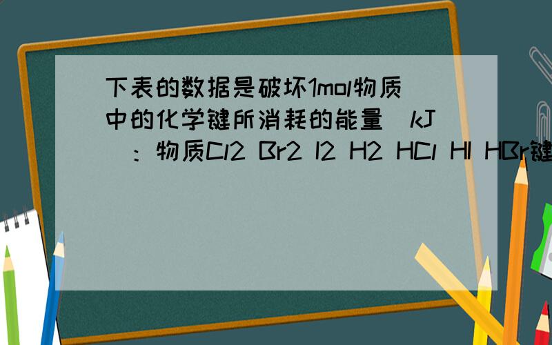 下表的数据是破坏1mol物质中的化学键所消耗的能量（kJ）：物质Cl2 Br2 I2 H2 HCl HI HBr键能（kJ·mol-1）243 193 151 436 431 298 366 若无上表中的数据,你能正确回答出相同条件下,{X2（X代表Cl、Br、I)分别