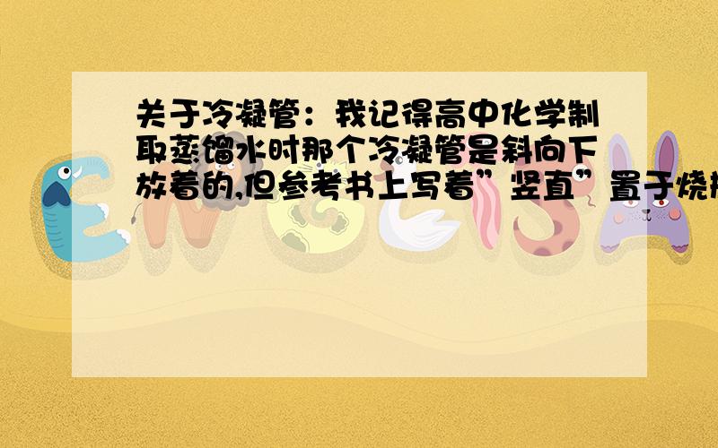 关于冷凝管：我记得高中化学制取蒸馏水时那个冷凝管是斜向下放着的,但参考书上写着”竖直”置于烧瓶上关于冷凝管：我记得高中化学制取蒸馏水时那个冷凝管是斜向下放着的,但参考书