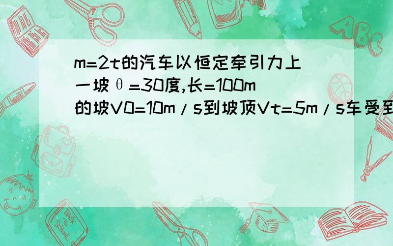 m=2t的汽车以恒定牵引力上一坡θ=30度,长=100m的坡V0=10m/s到坡顶Vt=5m/s车受到阻力为重0,05倍,求车的牵