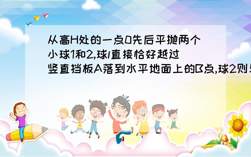 从高H处的一点0先后平抛两个小球1和2,球l直接恰好越过竖直挡板A落到水平地面上的B点,球2则与地面碰撞一次后,也恰好越过竖直挡板,尔后也落在B点,如图所示,设球2与地面碰撞遵 循类似光的