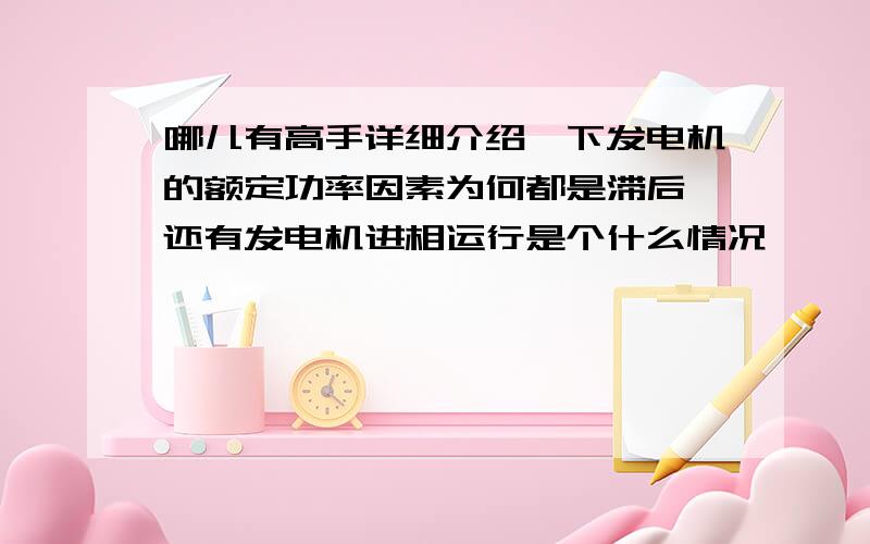 哪儿有高手详细介绍一下发电机的额定功率因素为何都是滞后,还有发电机进相运行是个什么情况