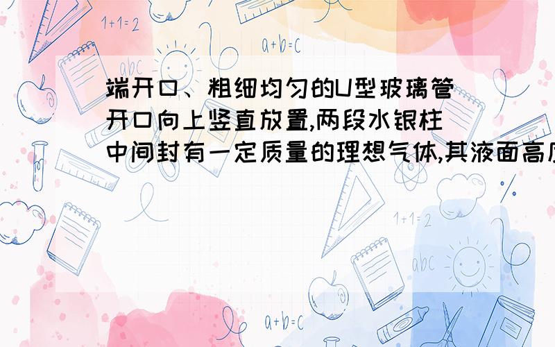 端开口、粗细均匀的U型玻璃管开口向上竖直放置,两段水银柱中间封有一定质量的理想气体,其液面高度差如图所示,则如果向右管倒入少量水银后,图中的h2将_____（填“增大”“不变”或“减