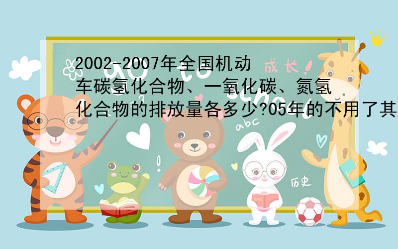 2002-2007年全国机动车碳氢化合物、一氧化碳、氮氢化合物的排放量各多少?05年的不用了其他知道多少写多少~