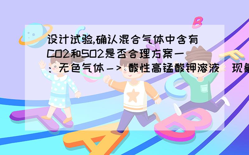 设计试验,确认混合气体中含有CO2和SO2是否合理方案一：无色气体－> 酸性高锰酸钾溶液(现象：褪色） －>澄清石灰水（现象:混浊）方案二：无色气体－>橙红色溴水（现象：褪色）－>澄清石