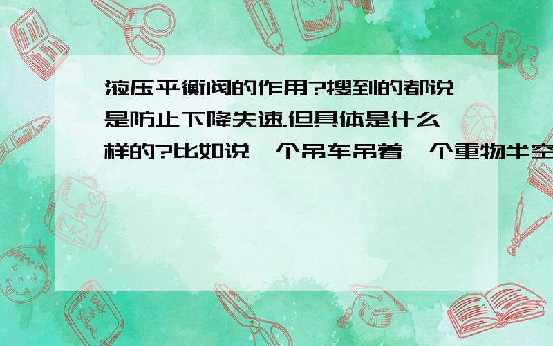 液压平衡阀的作用?搜到的都说是防止下降失速.但具体是什么样的?比如说一个吊车吊着一个重物半空中突然失去压力,这时候平衡阀起的作用是使重物在半空中保持不动（就像液压锁一样）,