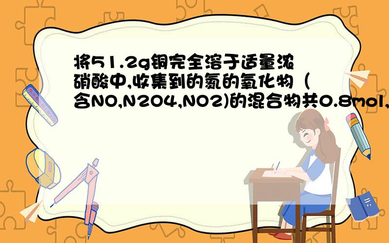 将51.2g铜完全溶于适量浓硝酸中,收集到的氮的氧化物（含NO,N2O4,NO2)的混合物共0.8mol,这些气体恰好能被4则生成的盐溶液中NaNO3的物质的量为（ ）这些气体恰好能被500ml 2mol/LNaOH溶液完全吸收，