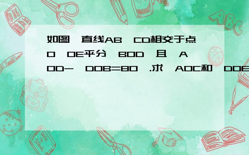 如图,直线AB、CD相交于点O,OE平分∠BOD,且∠AOD-∠DOB=80°.求∠AOC和∠DOE的度数