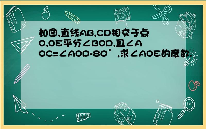 如图,直线AB,CD相交于点O,OE平分∠BOD,且∠AOC=∠AOD-80°,求∠AOE的度数.