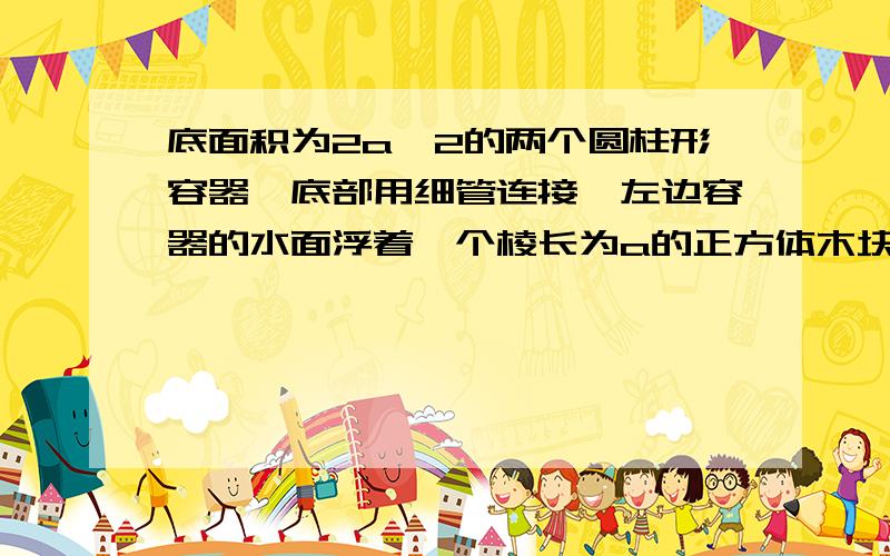 底面积为2a^2的两个圆柱形容器,底部用细管连接,左边容器的水面浮着一个棱长为a的正方体木块,木块的一半浸没在水中,现将木块缓慢提出水面,则容器中水的重力势能减少（ ）（不计其他能