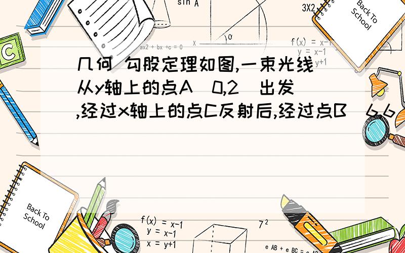 几何 勾股定理如图,一束光线从y轴上的点A（0,2）出发,经过x轴上的点C反射后,经过点B（6,6）,求光线从点A到点B所经过的路程.