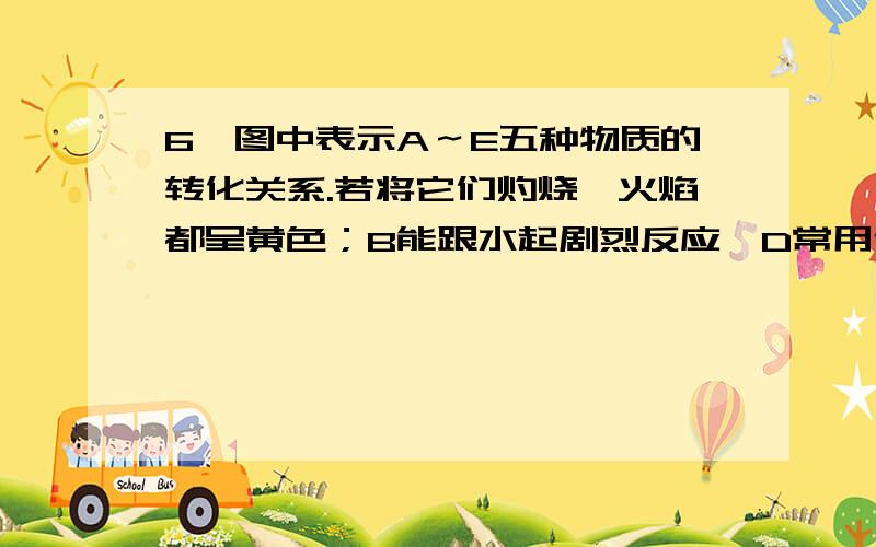 6、图中表示A～E五种物质的转化关系.若将它们灼烧,火焰都呈黄色；B能跟水起剧烈反应,D常用作潜水艇里请问怎么判断的呢?