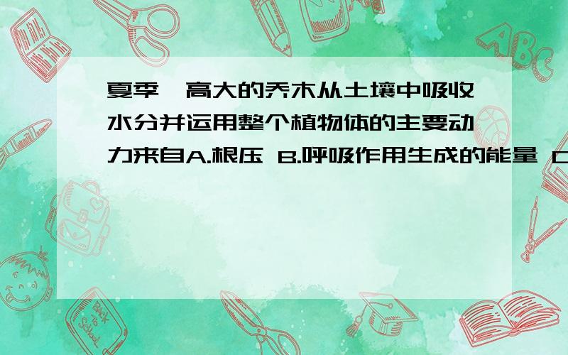 夏季,高大的乔木从土壤中吸收水分并运用整个植物体的主要动力来自A.根压 B.呼吸作用生成的能量 C.细胞液的渗透压 D.植物的蒸腾作用