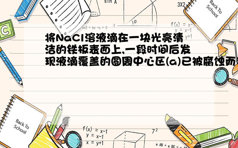 将NaCl溶液滴在一块光亮清洁的铁板表面上,一段时间后发现液滴覆盖的圆周中心区(a)已被腐蚀而变暗,在液滴外沿棕色铁锈环(b),如图所示.导致该现象的主要原因是液滴之下氧气含量比边缘少.