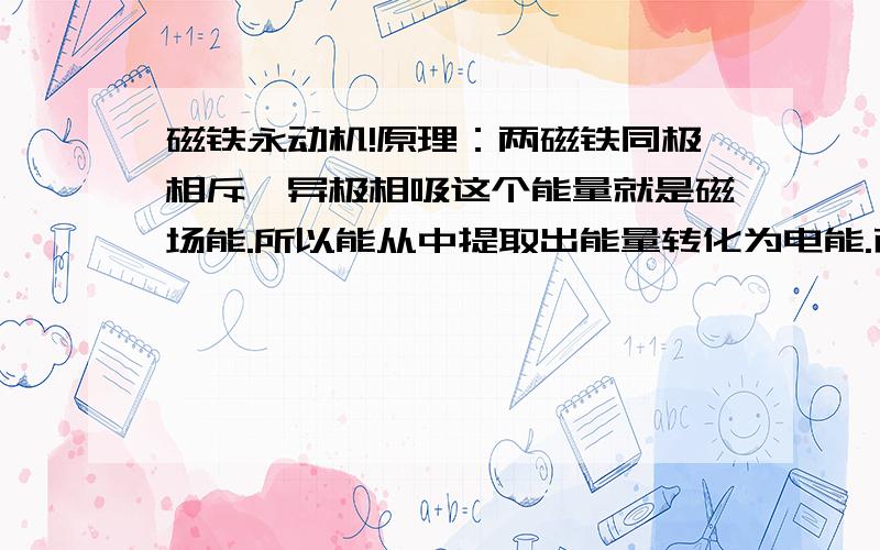 磁铁永动机!原理：两磁铁同极相斥,异极相吸这个能量就是磁场能.所以能从中提取出能量转化为电能.而世界上有永磁体,所以就能从永磁体上无限提取能量.问题在于国家不给发明专利（说根