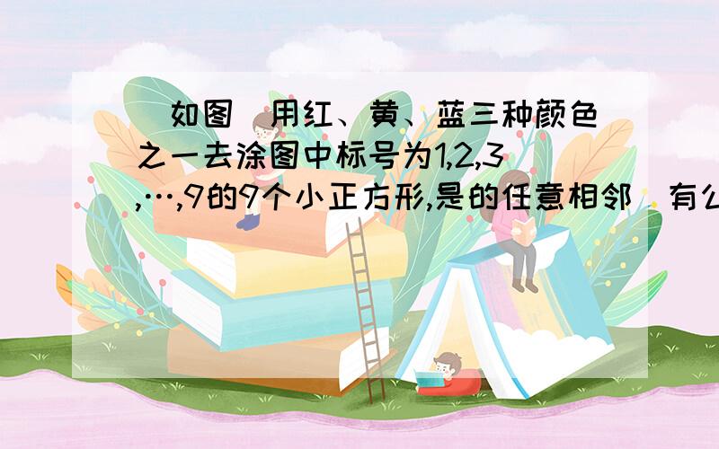 （如图）用红、黄、蓝三种颜色之一去涂图中标号为1,2,3,…,9的9个小正方形,是的任意相邻（有公共边）的小正方形缩图颜色都不相同,且标号为“3,5,7”的小正方形涂相同颜色,则符合条件的