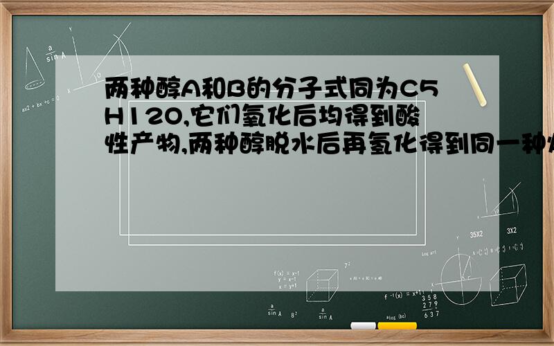 两种醇A和B的分子式同为C5H12O,它们氧化后均得到酸性产物,两种醇脱水后再氢化得到同一种烃.A经脱水后氧化得到一分子羧酸和CO2,B经脱水后氧化得到一分子酮和CO2,试推断A和B的结构式