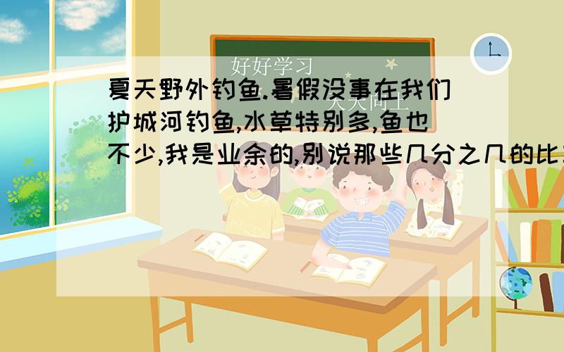 夏天野外钓鱼.暑假没事在我们护城河钓鱼,水草特别多,鱼也不少,我是业余的,别说那些几分之几的比率,下什么鱼饵,主要说用什么鱼饵,今天钓了一天一个没钓到,我看别人都收获了不少