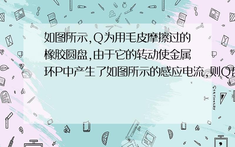 如图所示,Q为用毛皮摩擦过的橡胶圆盘,由于它的转动使金属环P中产生了如图所示的感应电流,则Q盘的转动情况是：A、顺时针加速运动B、逆时针加速运动C、顺时针减速运动D、逆时针减速运动